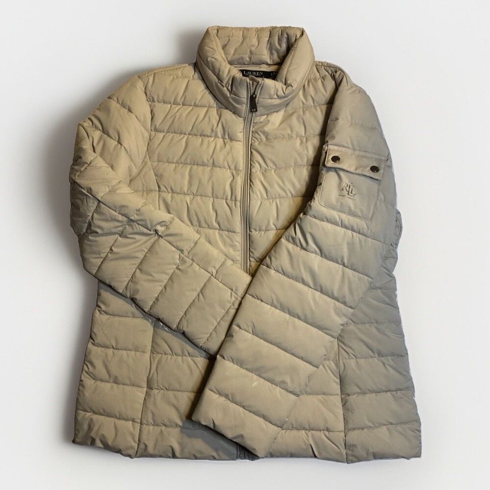 Lauren Ralph Lauren Women's Tan Hooded Puffer Jacket Coat Pocket Size Large